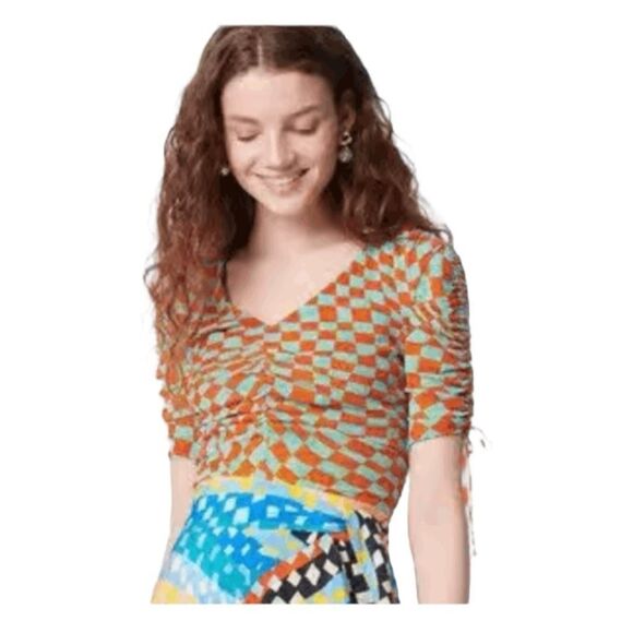 Diane Von Furstenberg Abriella Reversible Tee Checks Tropical Print L - Picture 3 of 11